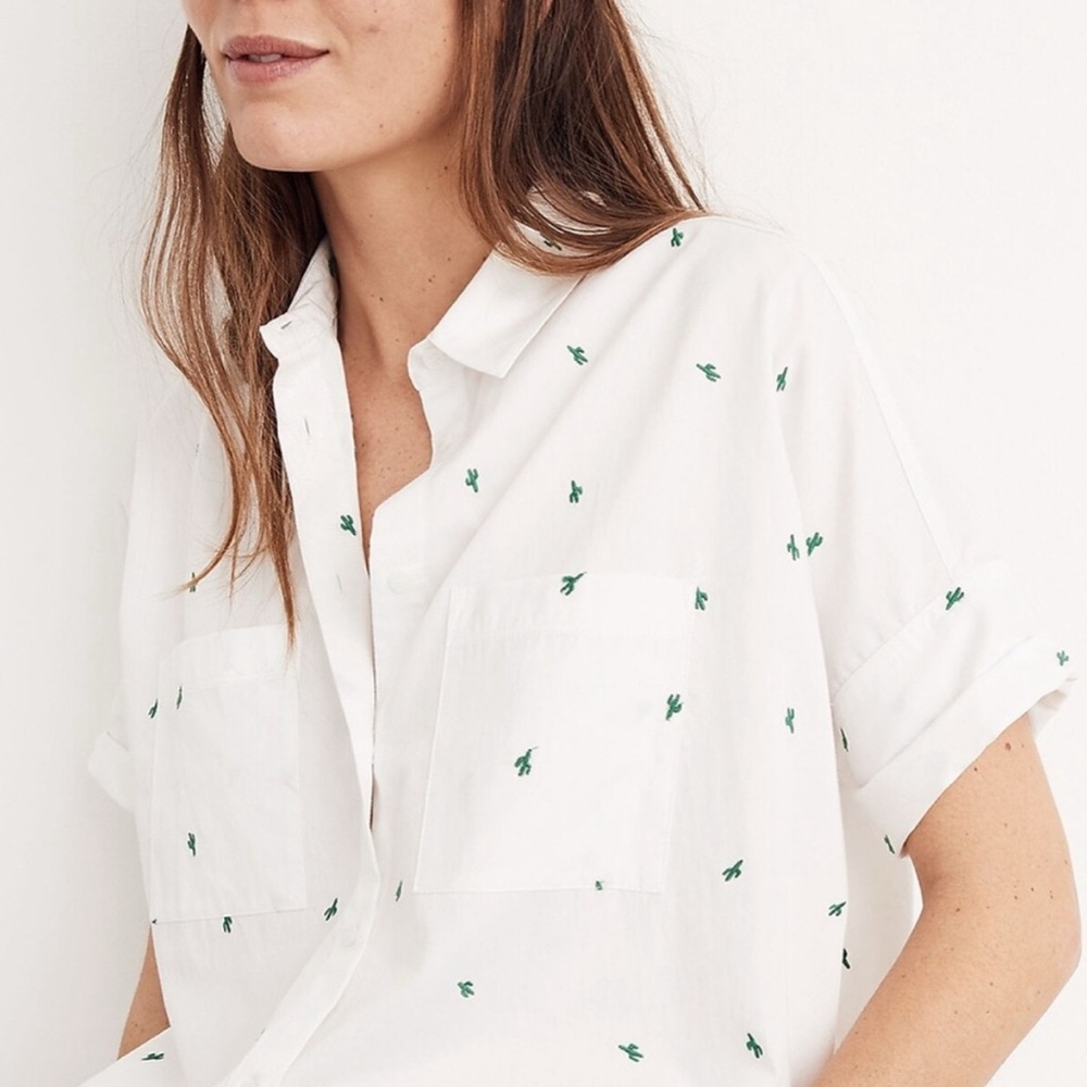 Madewell White and Green Button Down Shirt with Cuffed Sleeves